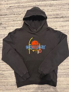 Overtime Black Pullover Hoodie with Basketball Graphic